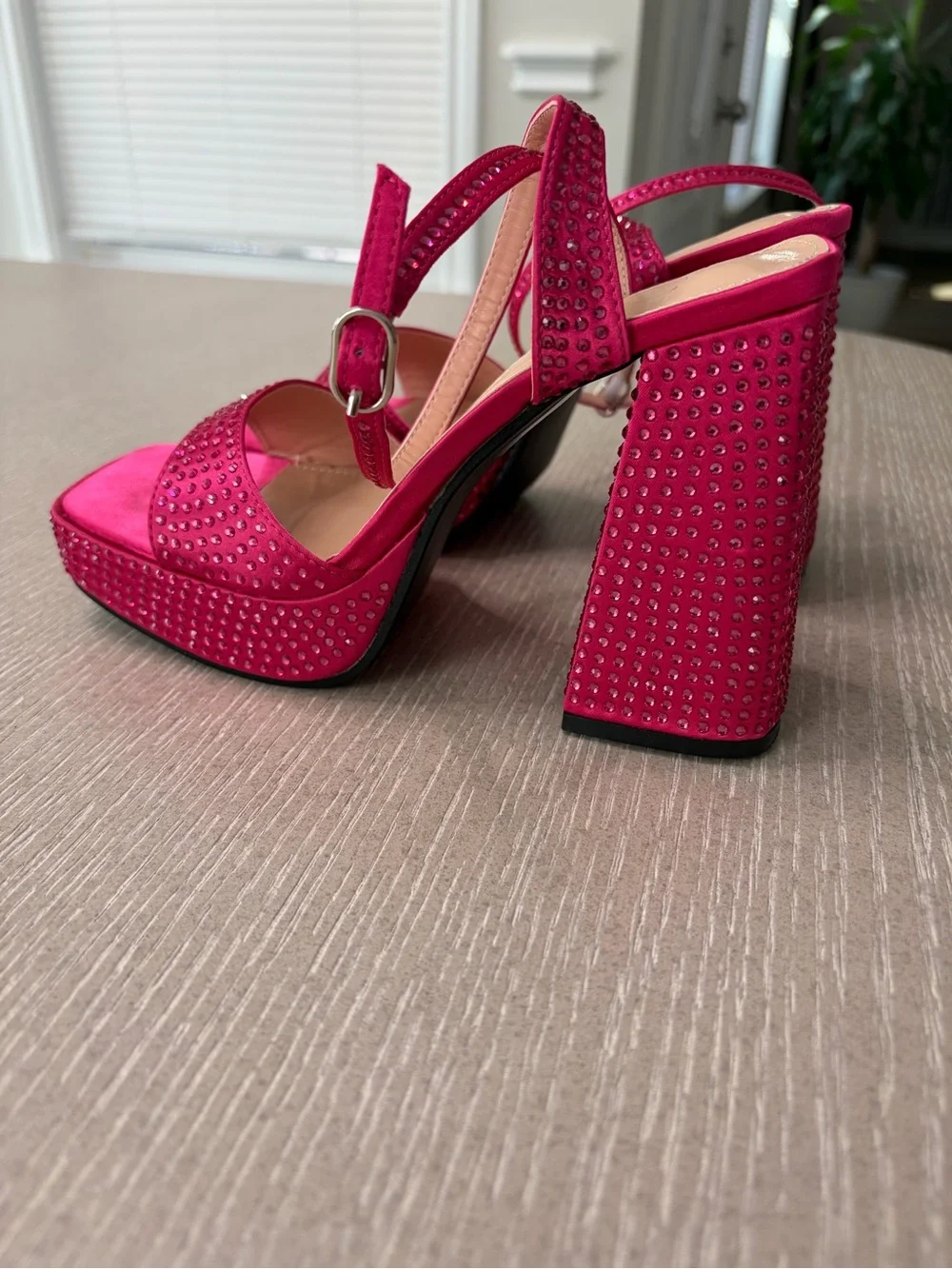 Rhinestone Satin Platform Sandals in Fuchsia Pink